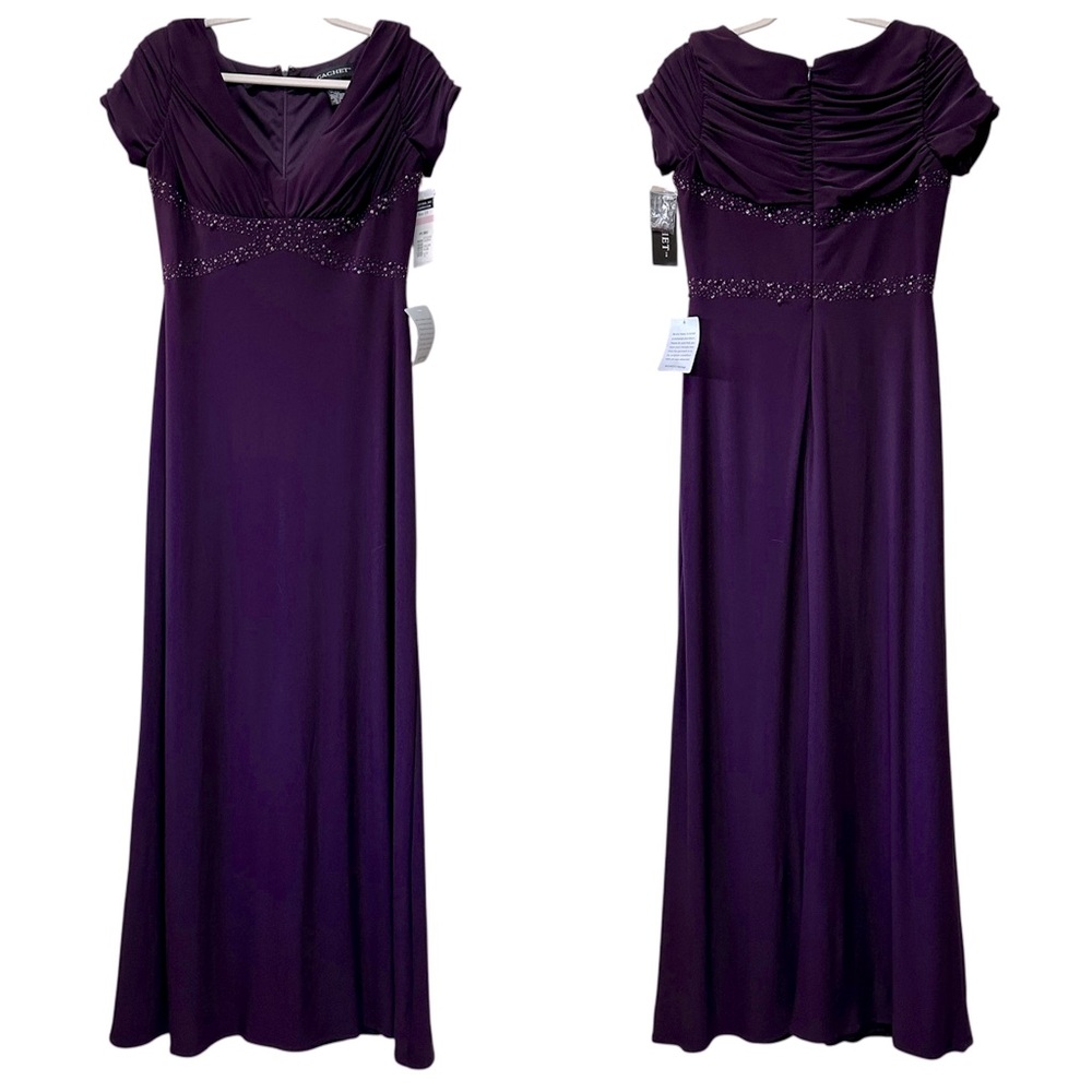 NWT Cachet V-Neck Formal Gown Beaded Shirred Sleeves and Top in Purple, Size 10
